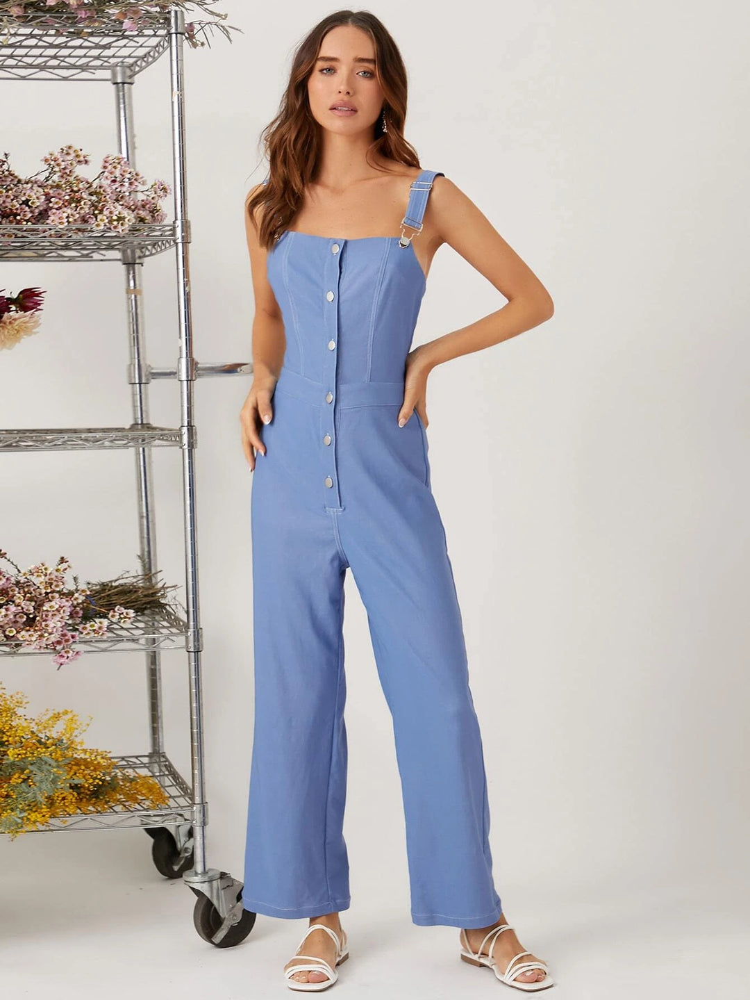 Half Button Seam Detail Sleeveless Jumpsuit