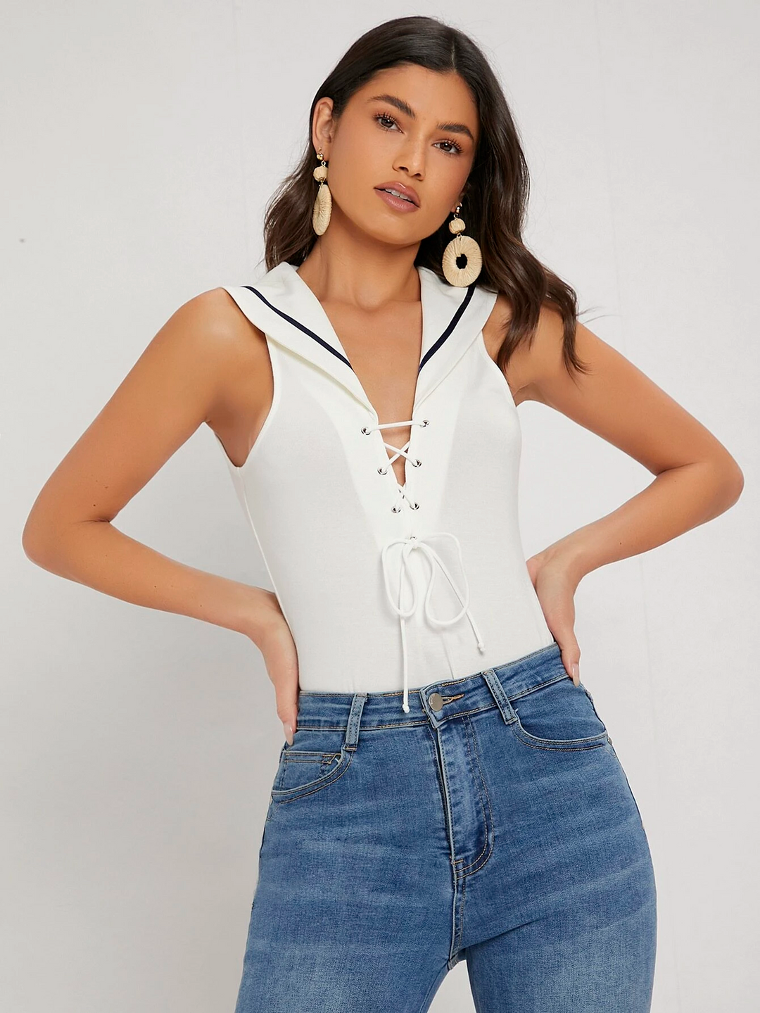 Single Striped Grommet Lace Up Bodysuit