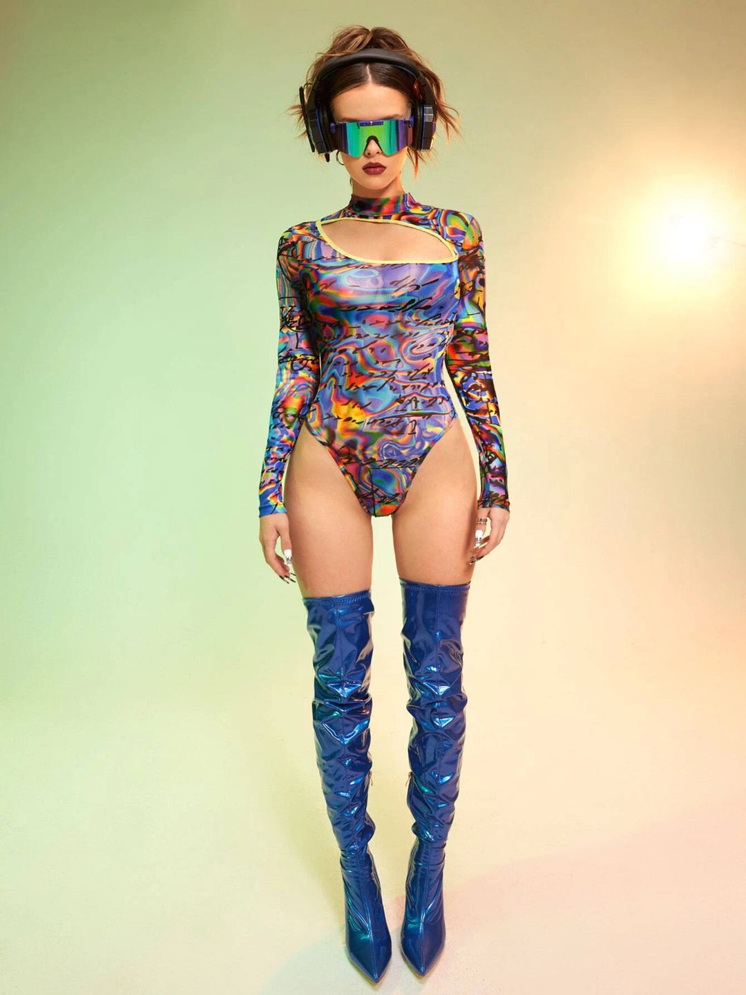 Allover Print Cut Out Contrast Binding Mesh Bodysuit