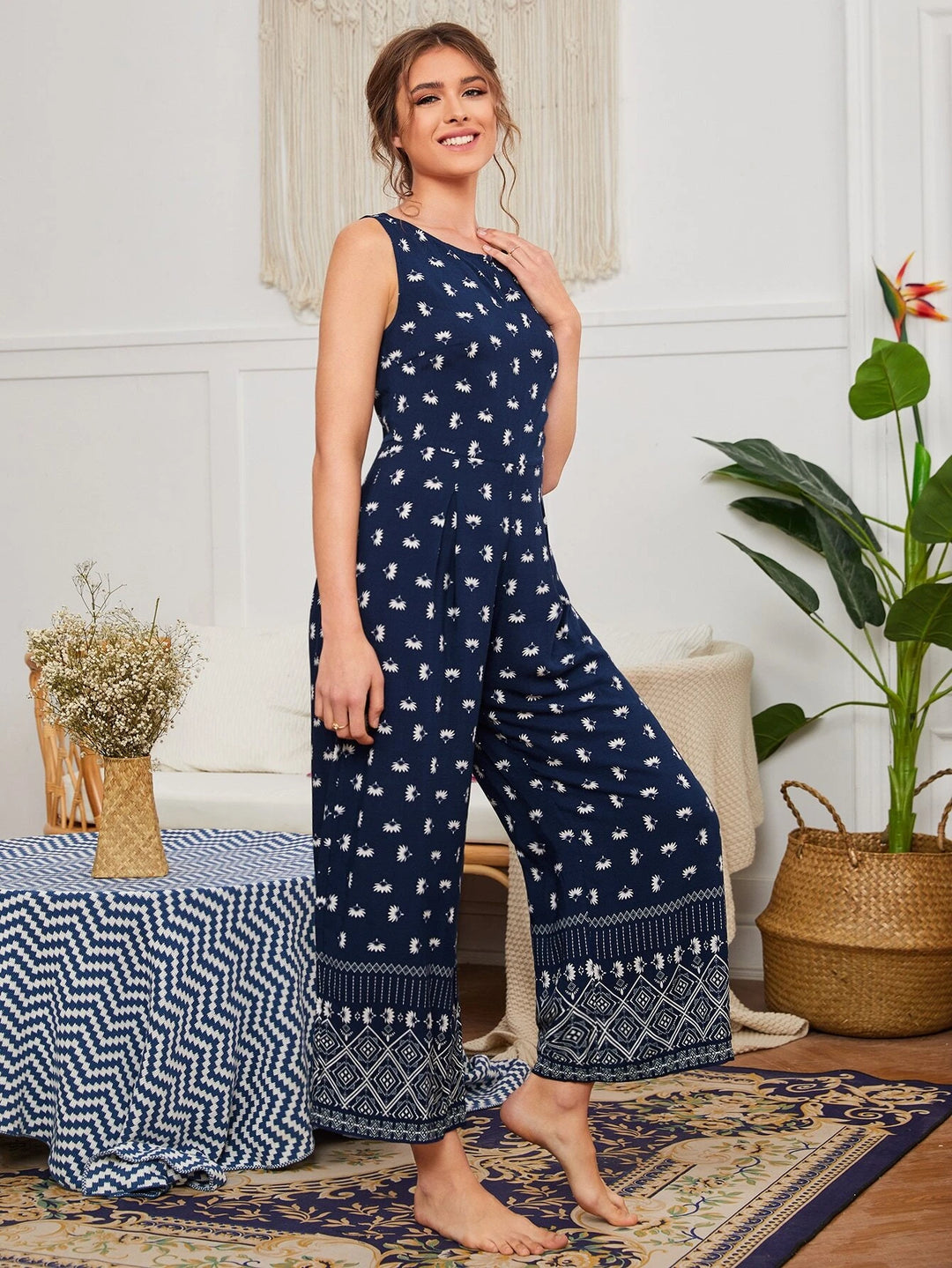 Geo & Floral Print Wide Leg Jumpsuit