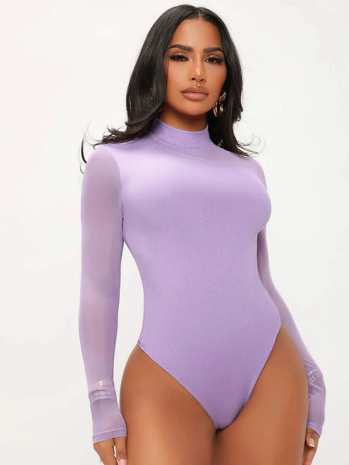 Sleeved Contrast Mesh Mock Neck Bodysuit