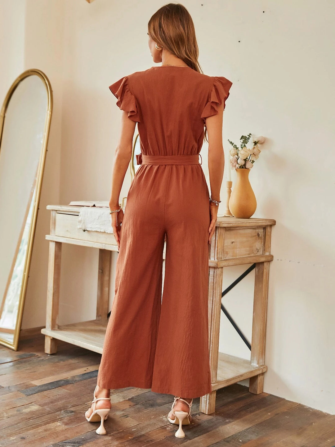 Butterfly Sleeve Wide Leg Belted Jumpsuit