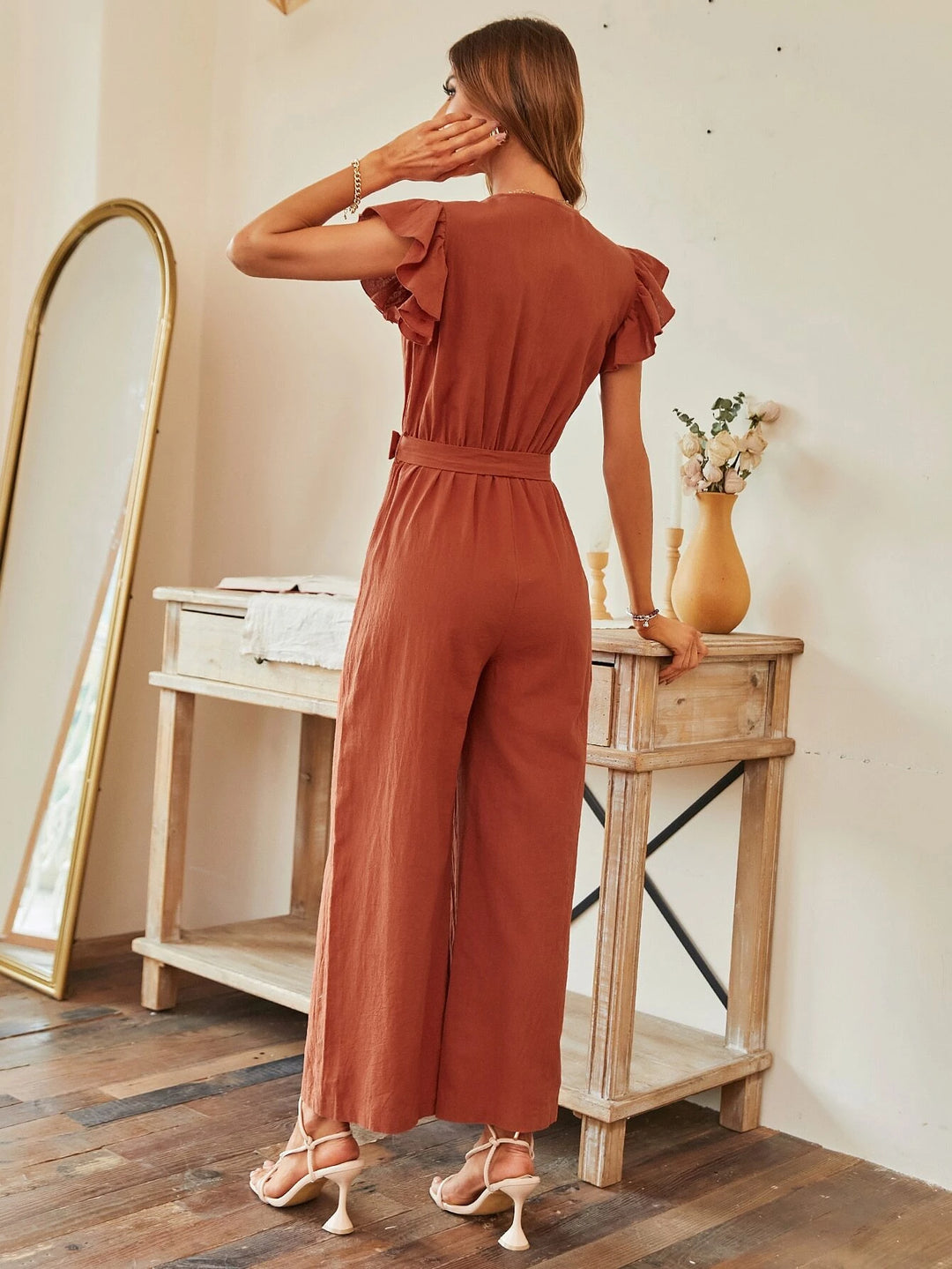 Butterfly Sleeve Wide Leg Belted Jumpsuit