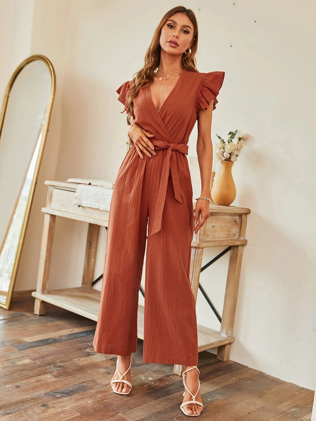 Butterfly Sleeve Wide Leg Belted Jumpsuit