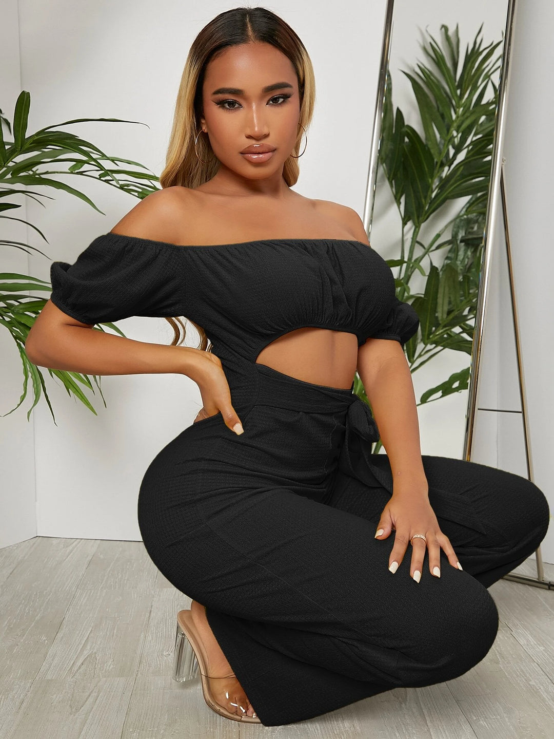 Off Shoulder Puff Sleeve Jumpsuit