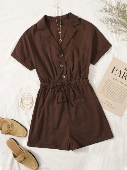 Lapel Collar Knot Detail Roll Up Sleeve Romper