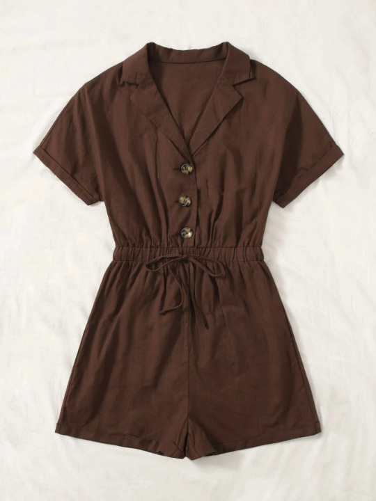 Lapel Collar Knot Detail Roll Up Sleeve Romper