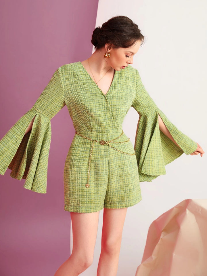 Plaid Tweed Split Sleeve Belted Romper