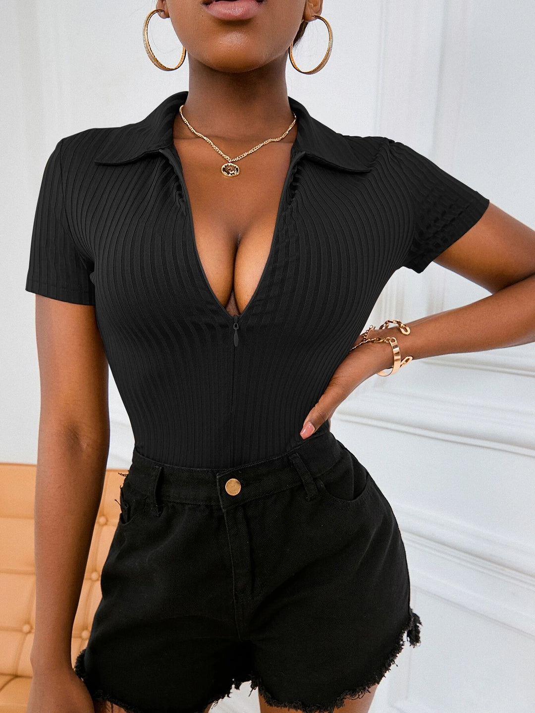 Zip Front Slim Fit Tee Bodysuit