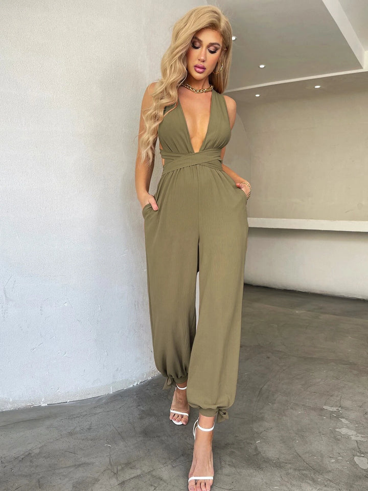 Crisscross Tie Backless Halter Jumpsuit