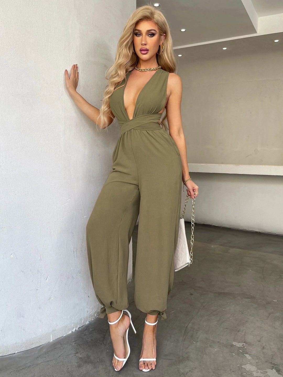 Crisscross Tie Backless Halter Jumpsuit