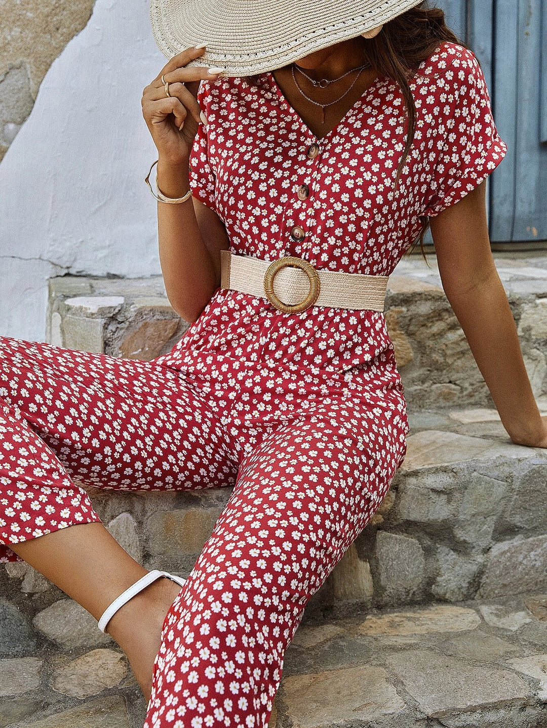 Floral Print Jumpsuit Without Belt