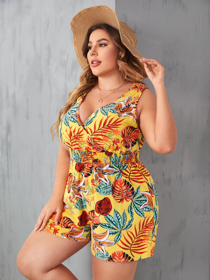 Print Surplice Neck Shirred Waist Romper