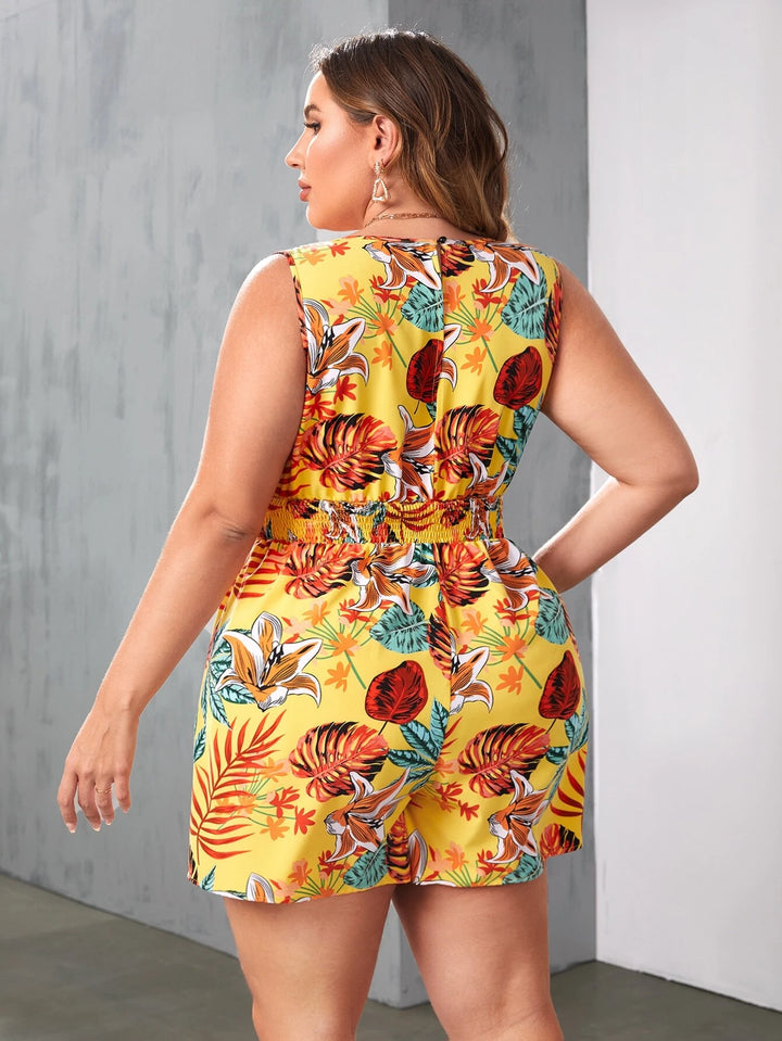 Print Surplice Neck Shirred Waist Romper