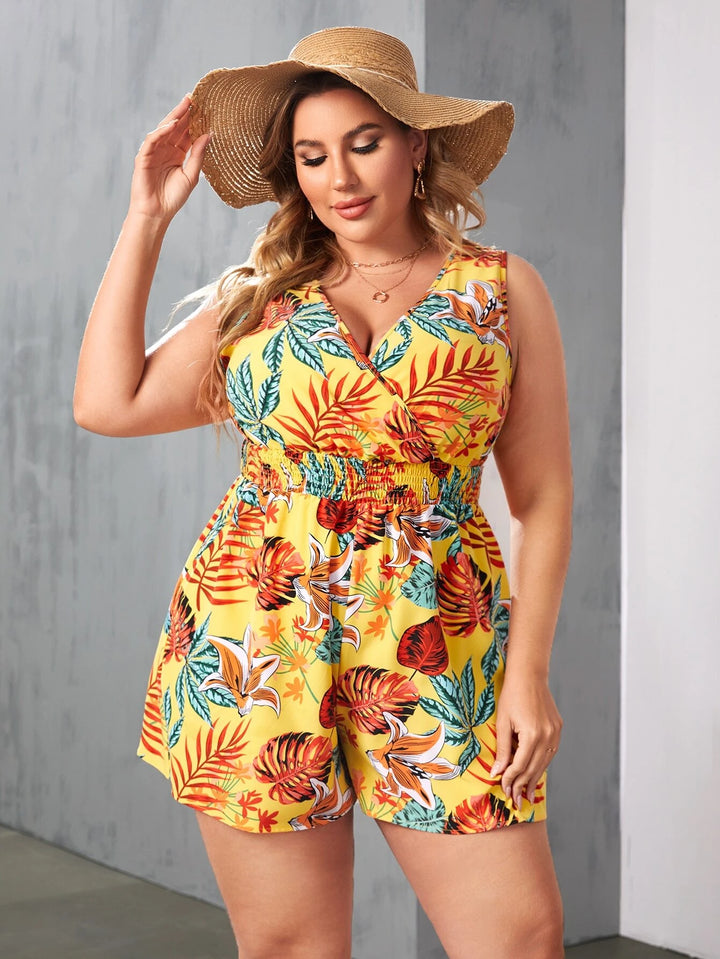 Print Surplice Neck Shirred Waist Romper