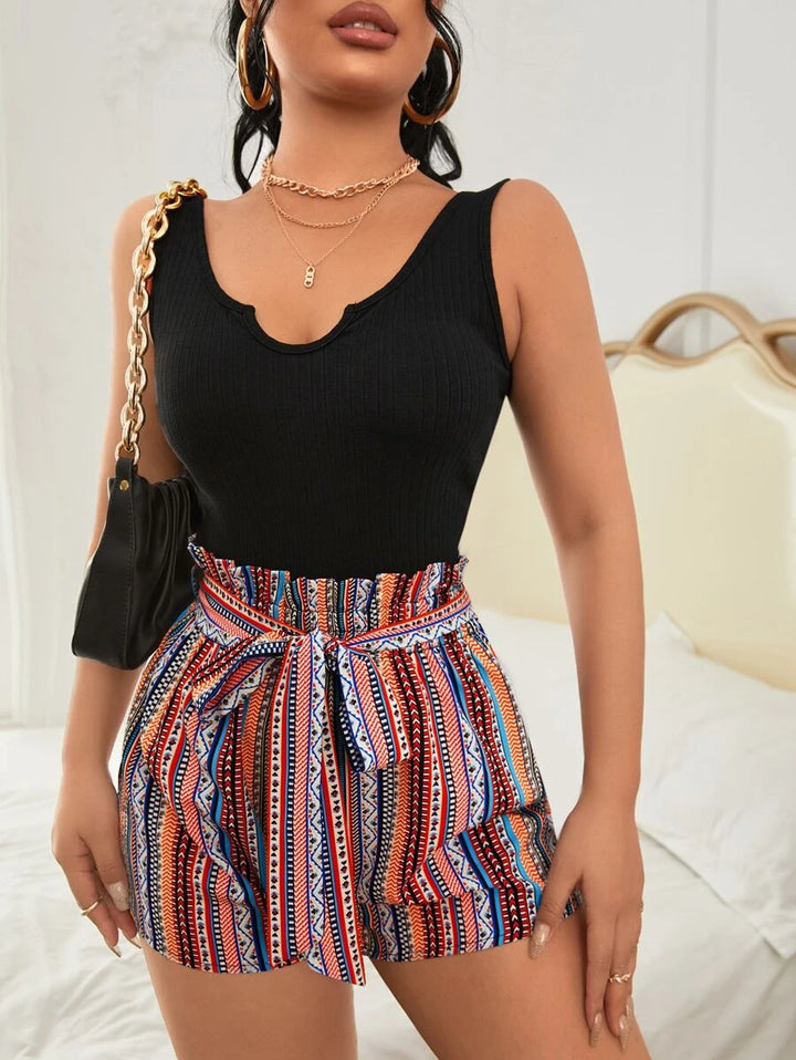 Geo Print Notched Neck Belted Jumpsuit