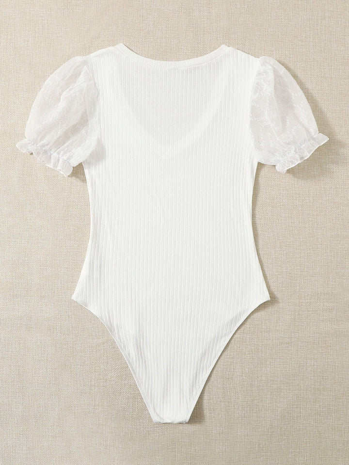 Swiss Dot Flounce Sleeve Rib-Knit Bodysuit