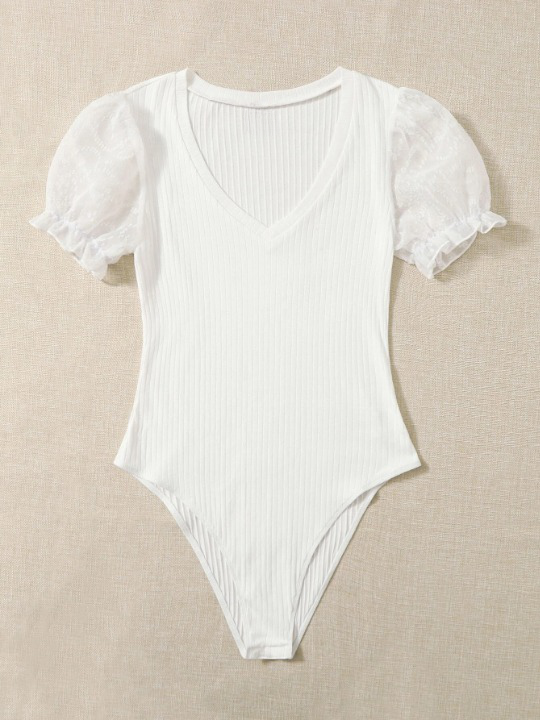 Swiss Dot Flounce Sleeve Rib-Knit Bodysuit