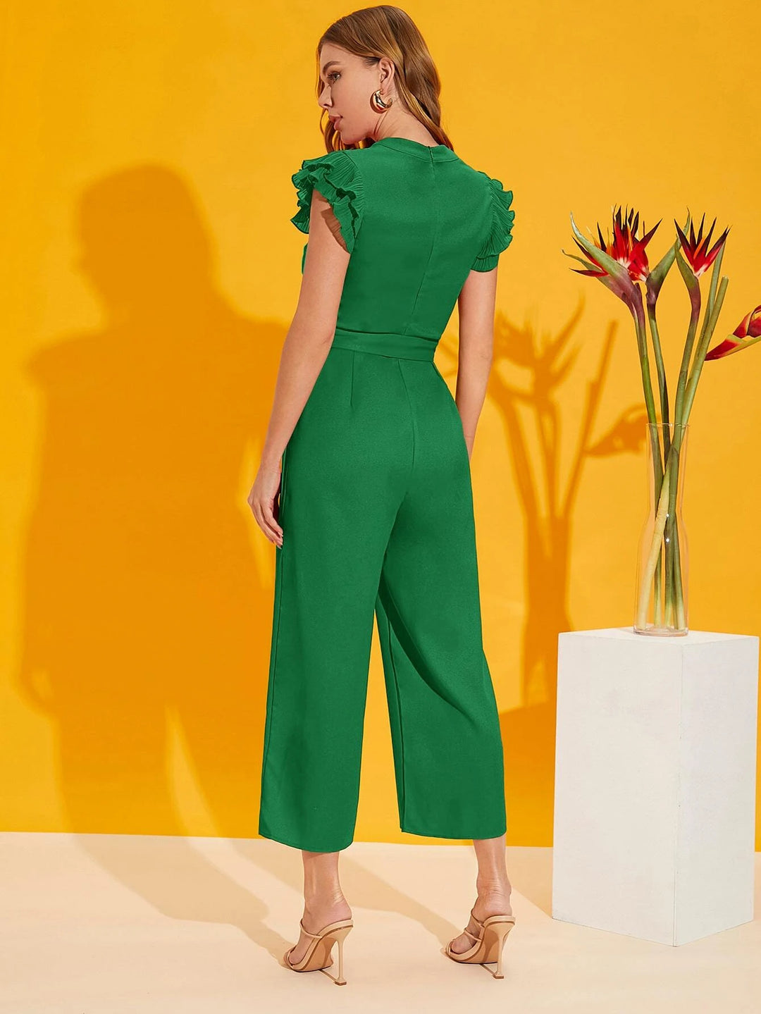 Layered Pleated Sleeve Belted Jumpsuit