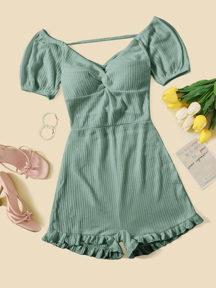 Lace Up Backless Ruffle Hem Romper