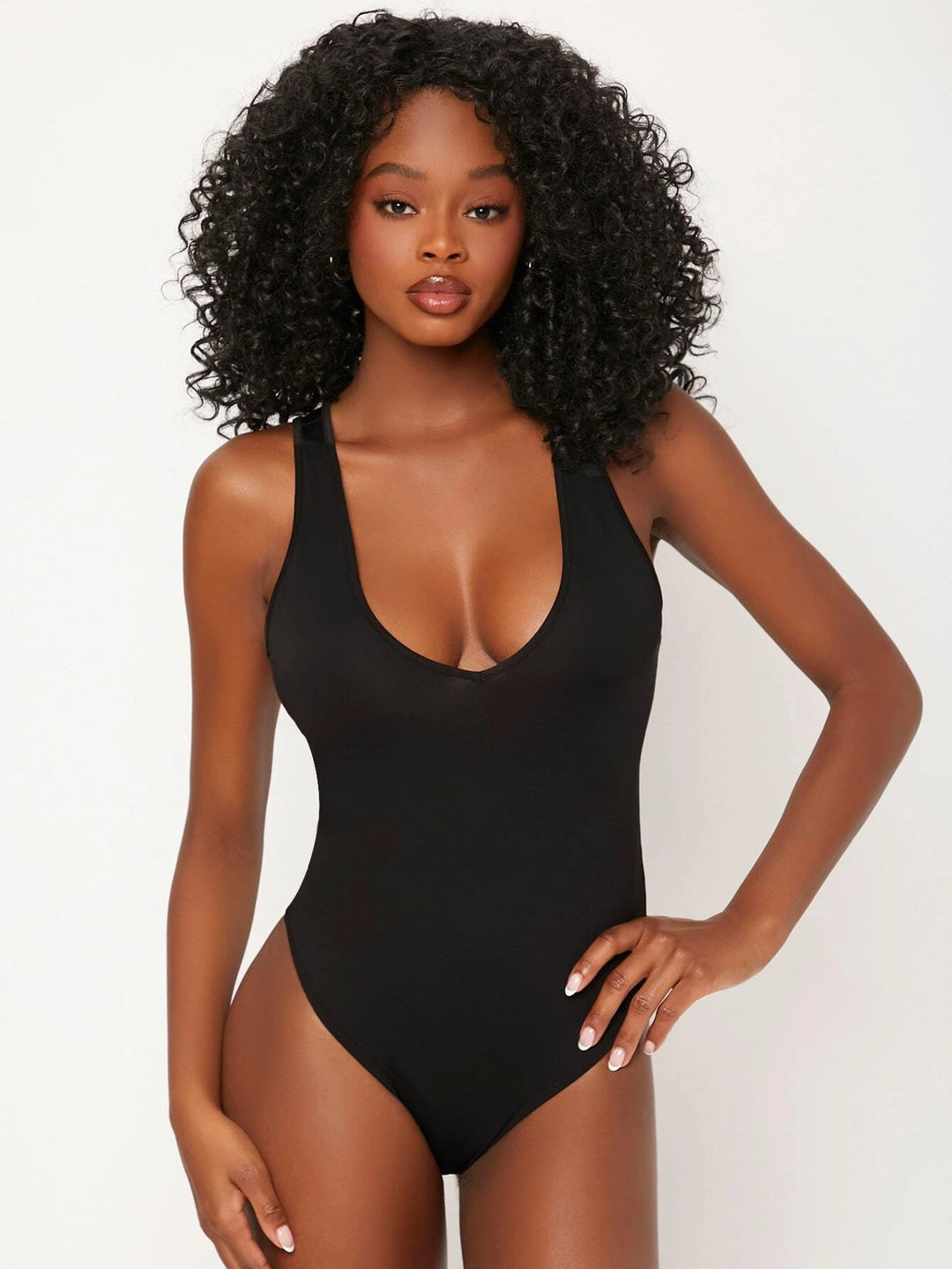 Plunging Neck Slim Fit Black Bodysuit