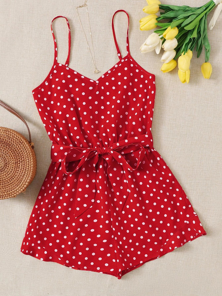 Belted Polka Dot Cami Romper