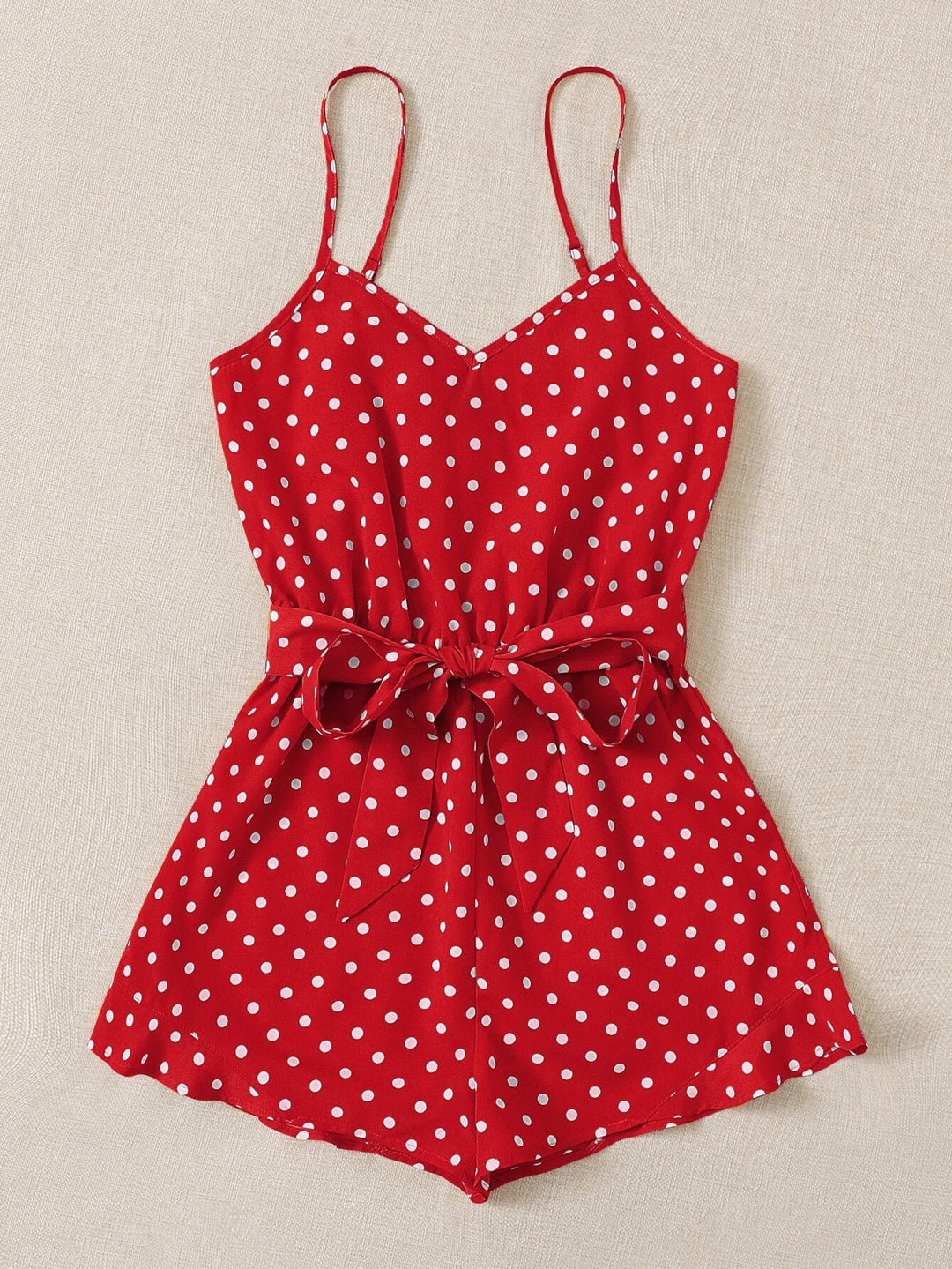 Belted Polka Dot Cami Romper