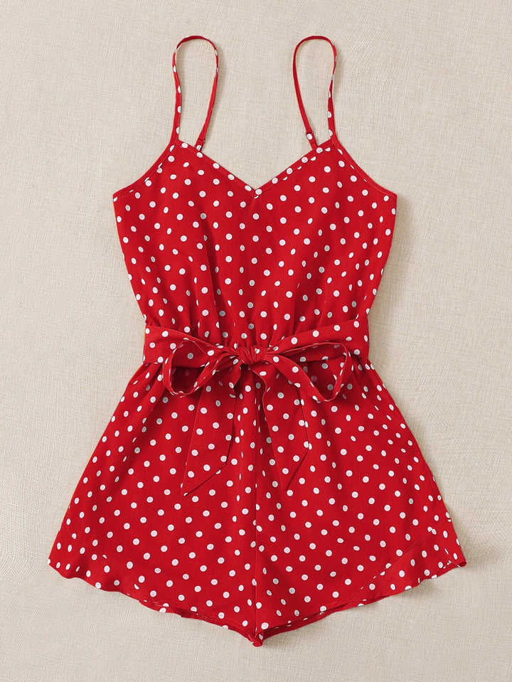 Belted Polka Dot Cami Romper