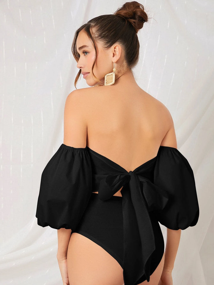 Off Shoulder Puff Sleeve Tied Backless Bodysuit