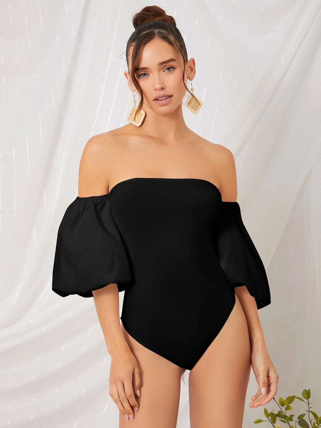 Off Shoulder Puff Sleeve Tied Backless Bodysuit