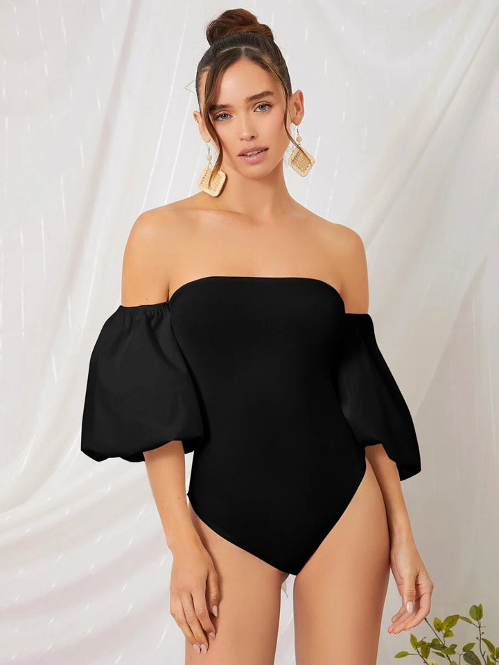 Off Shoulder Puff Sleeve Tied Backless Bodysuit