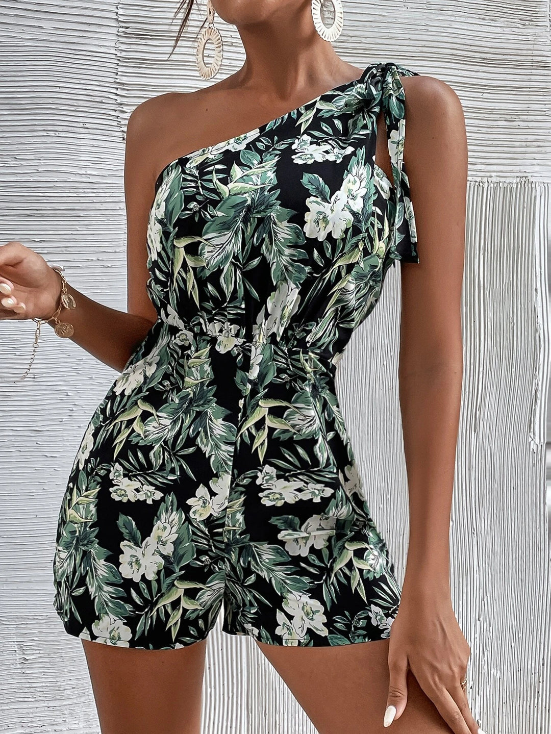 One-Shoulder-Jumpsuit mit tropischem Print 