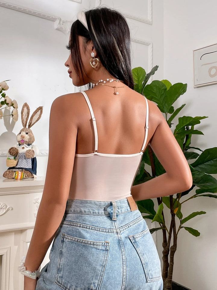 Embroidery Mesh Lace Up Cami Bodysuit