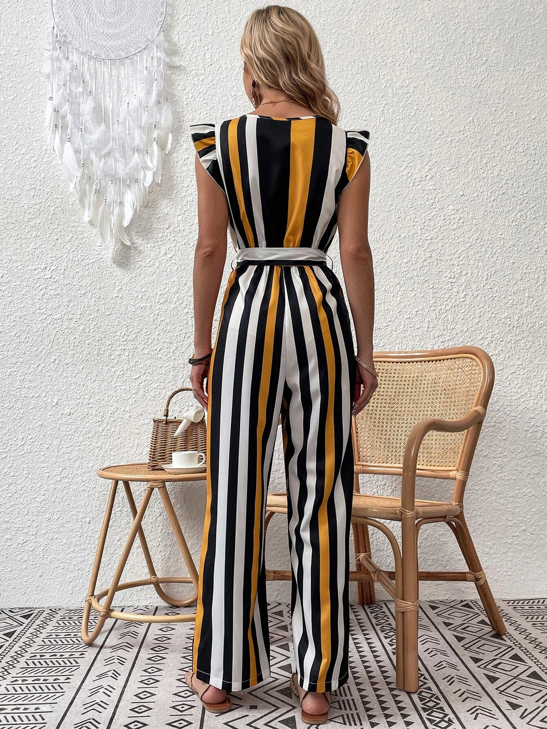 Ruffle Trim Striped Jumpsuit With Belt