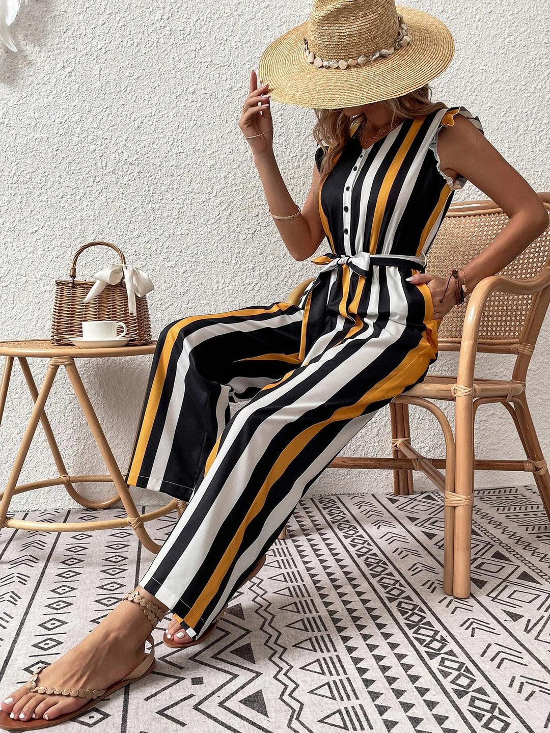 Ruffle Trim Striped Jumpsuit With Belt