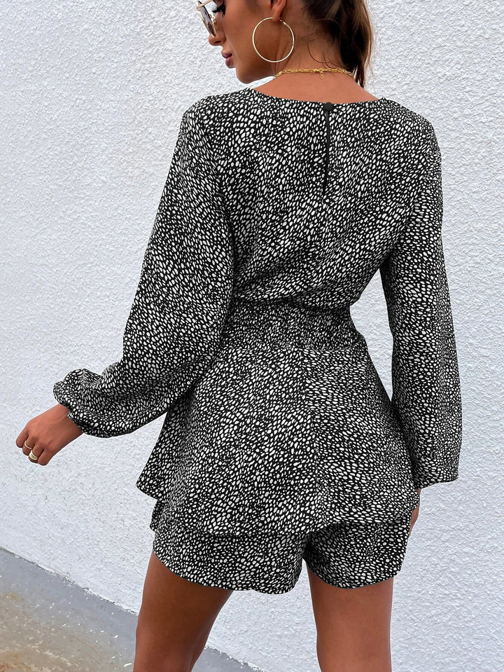 Print Lantern Sleeve Layered Hem Belted Romper