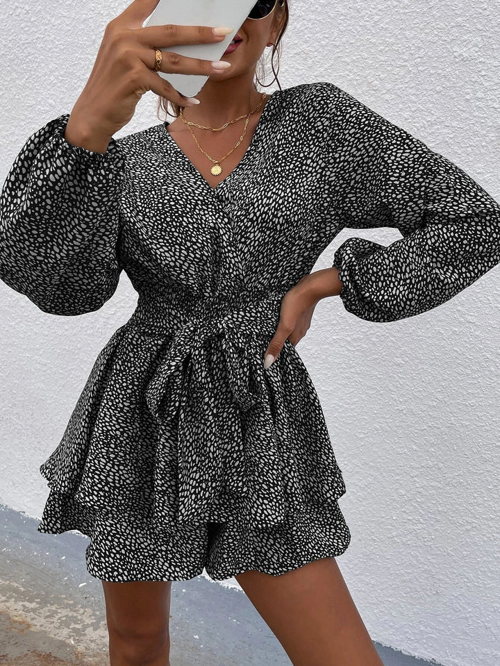 Print Lantern Sleeve Layered Hem Belted Romper