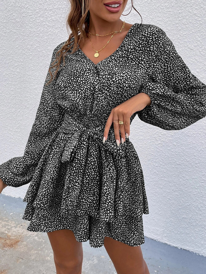 Print Lantern Sleeve Layered Hem Belted Romper