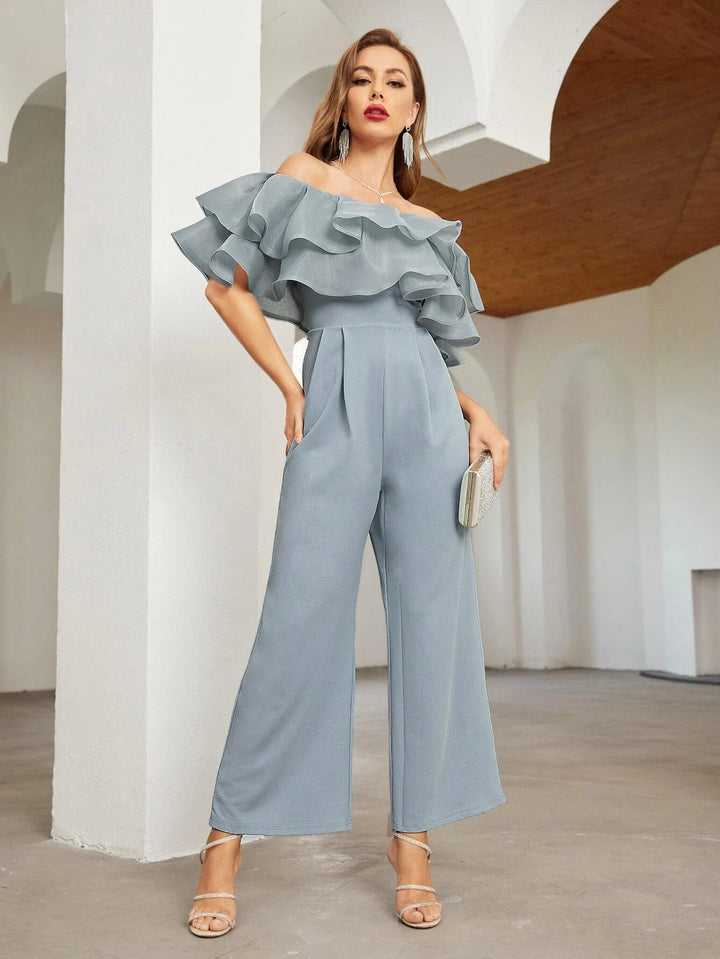Off Shoulder Layered Ruffle Detail Palazzo Jumpsuit