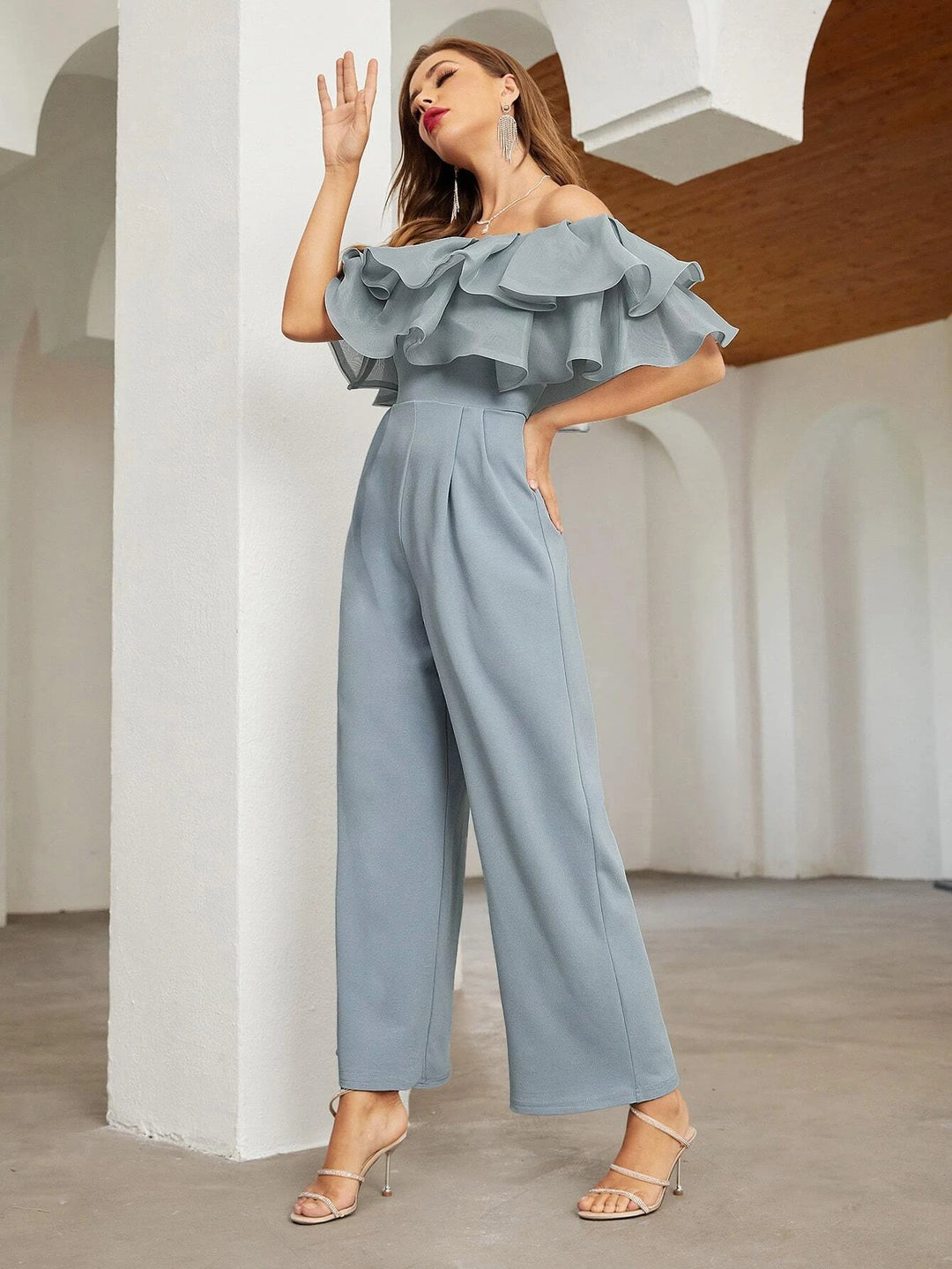 Off Shoulder Layered Ruffle Detail Palazzo Jumpsuit