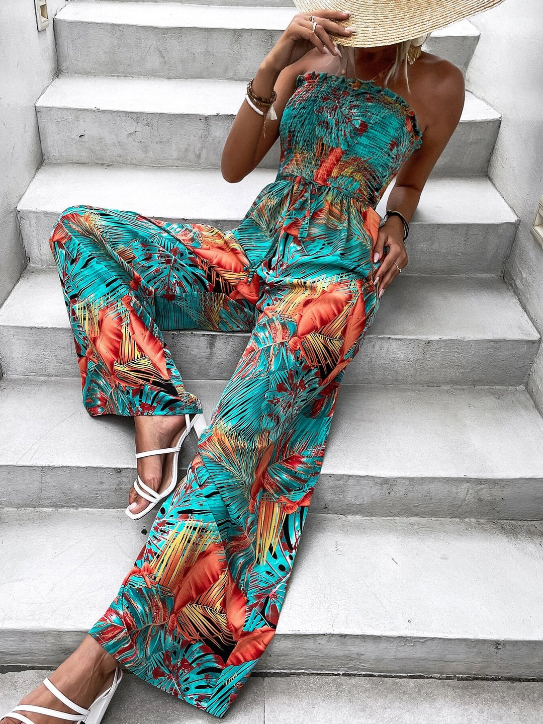 Tropical Print Shirred Frill Trim Belted Tube Jumpsuit