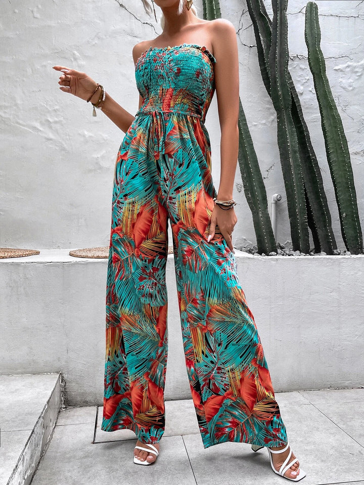 Tropical Print Shirred Frill Trim Belted Tube Jumpsuit
