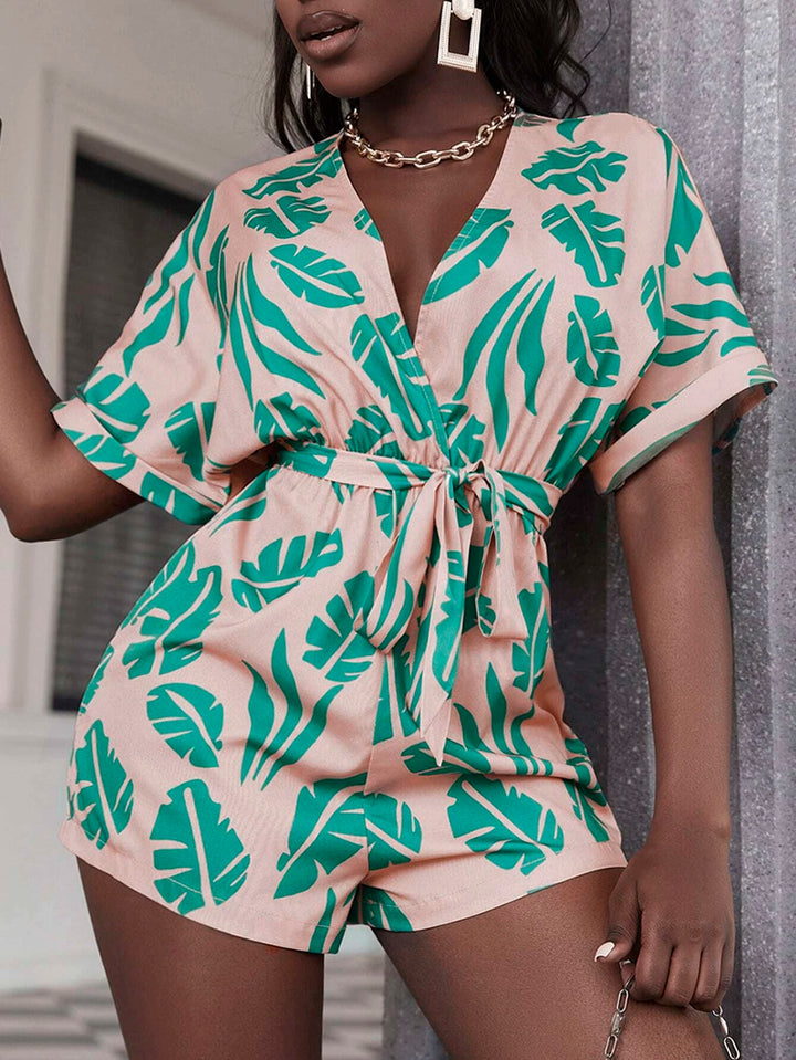 Leaf Print Back Belted Romper