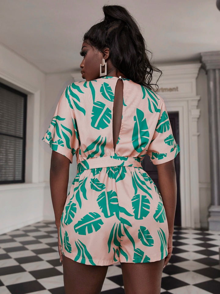 Leaf Print Back Belted Romper