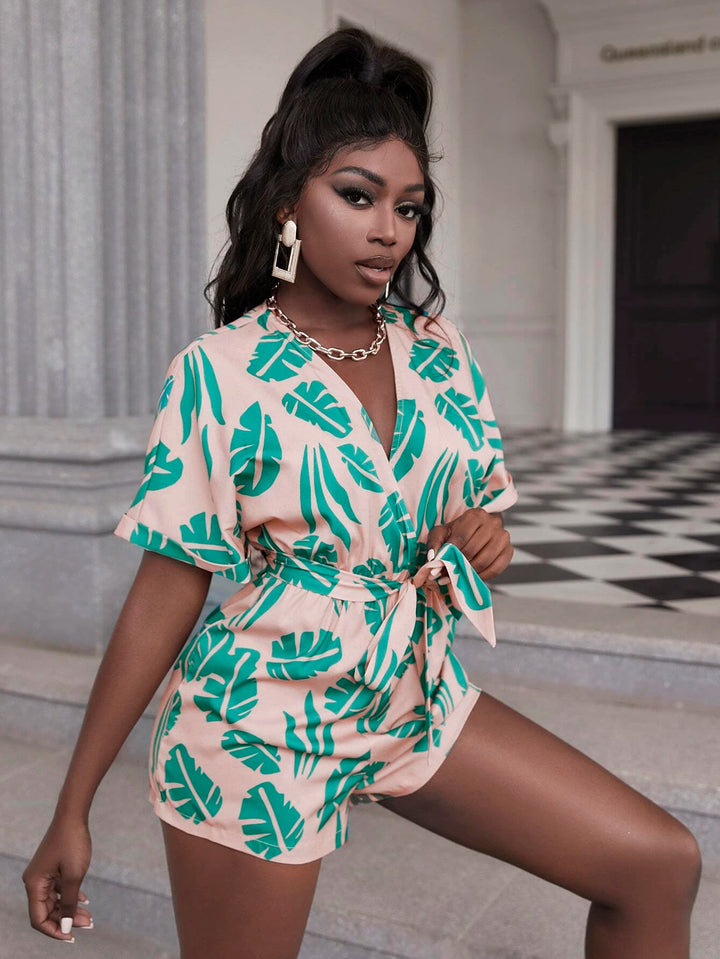 Leaf Print Back Belted Romper