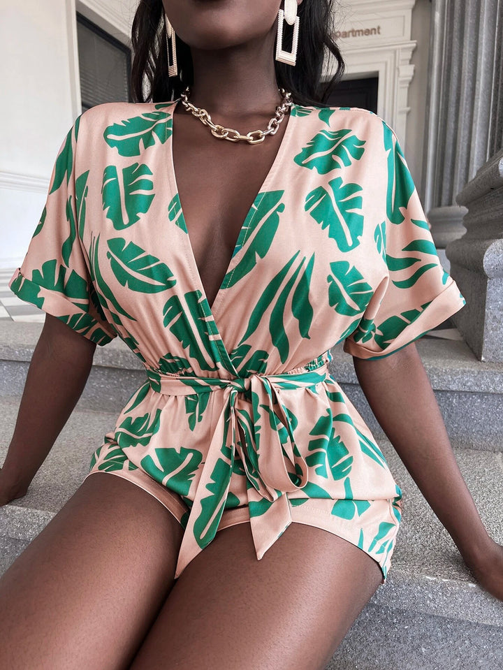 Leaf Print Back Belted Romper