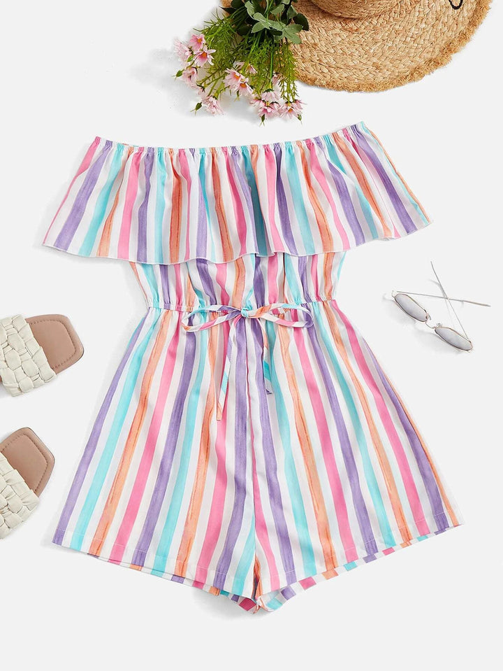 Colorful Striped Off Shoulder Ruffle Trim Tie Front Romper