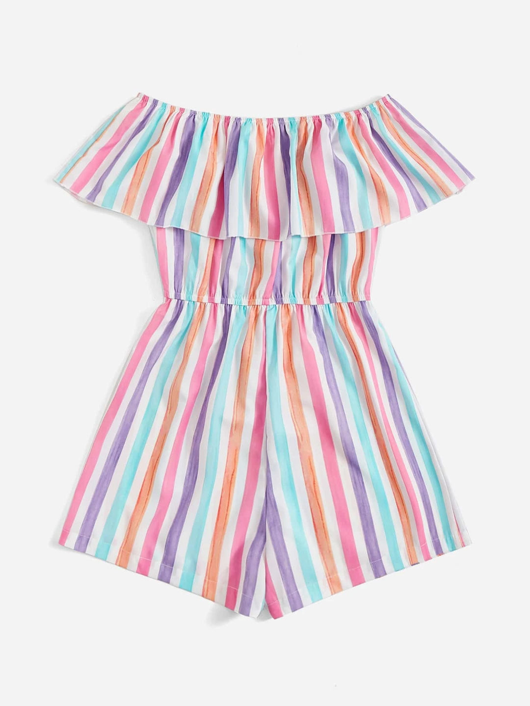 Colorful Striped Off Shoulder Ruffle Trim Tie Front Romper