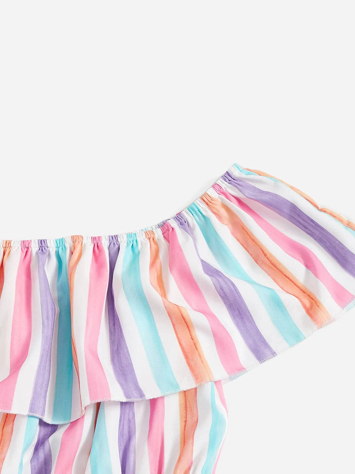 Colorful Striped Off Shoulder Ruffle Trim Tie Front Romper