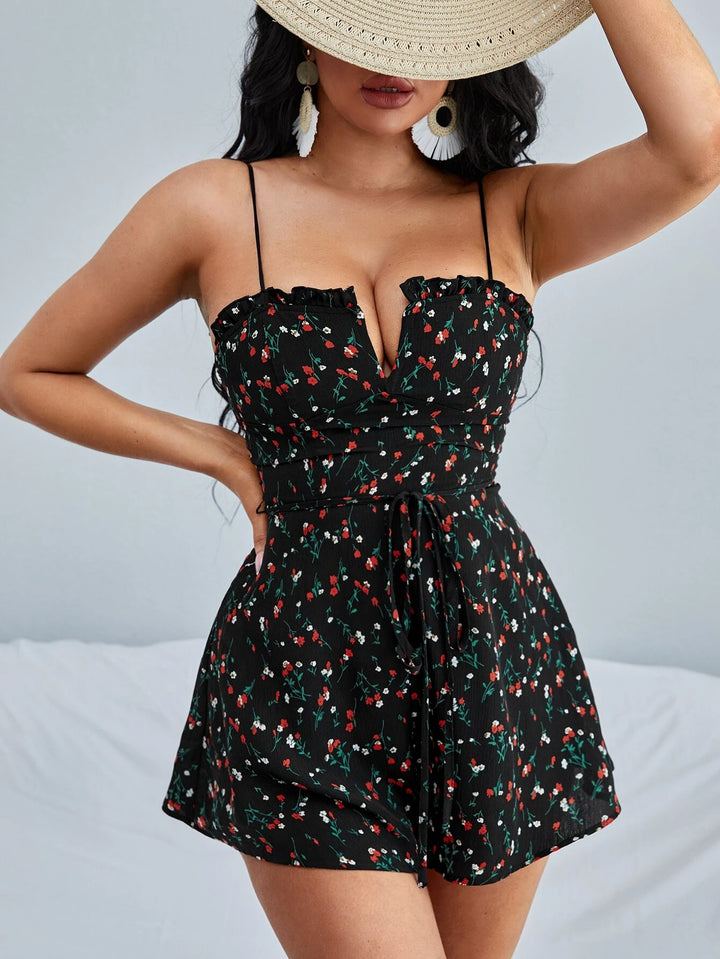 Floral Print V Wired Frill Trim Belted Cami Romper